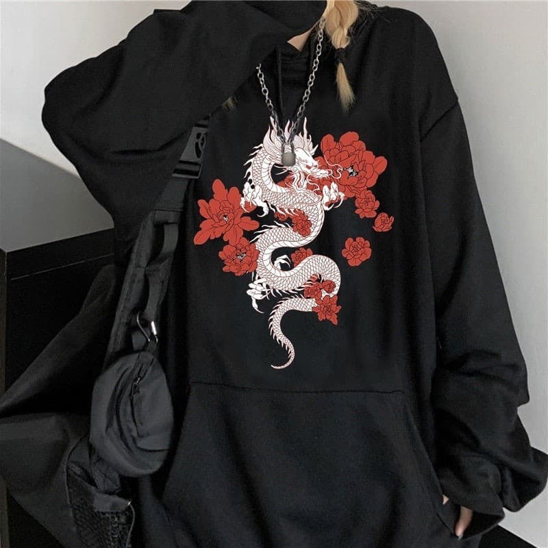 Blusa de Moletom g贸tico feminino canguru Roupas femininas de ver茫o Padr茫o de drag茫o chin锚s moletons