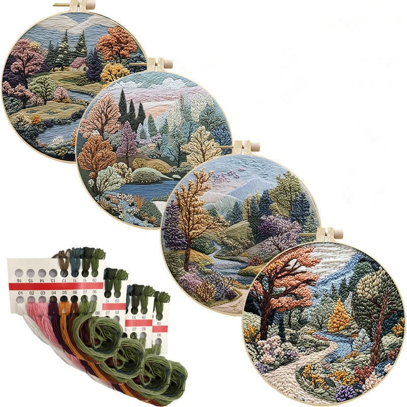 Kit De Bordado À Mão Para Iniciantes-Paisagem De Montanha E Lua , Cores Misturadas , Tecido Incluído-Presente Feito Perf
