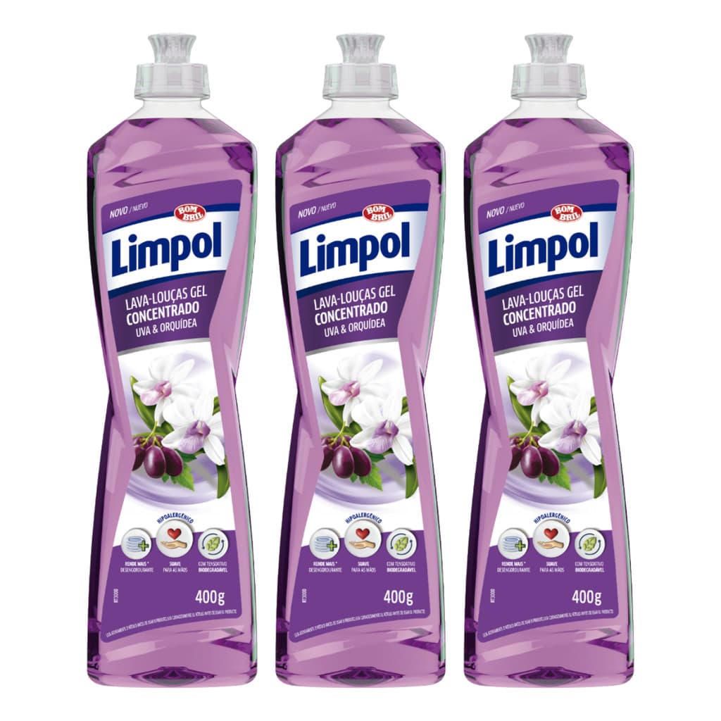 Kit 3 Detergente Gel Concentrado Uva e Orquídea 400ml Limpol