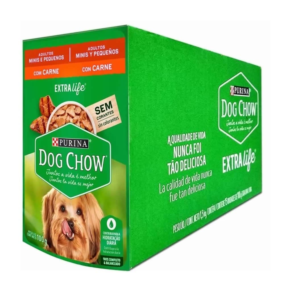 KIT C/ 15 UN Sache Dog Chow Cães Adt Mini/Peq Carne 100g