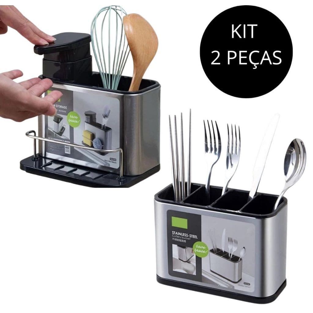 Porta Talher de Pia e Porta Detergente Dispenser Utensílios Em Aço Inoxidável