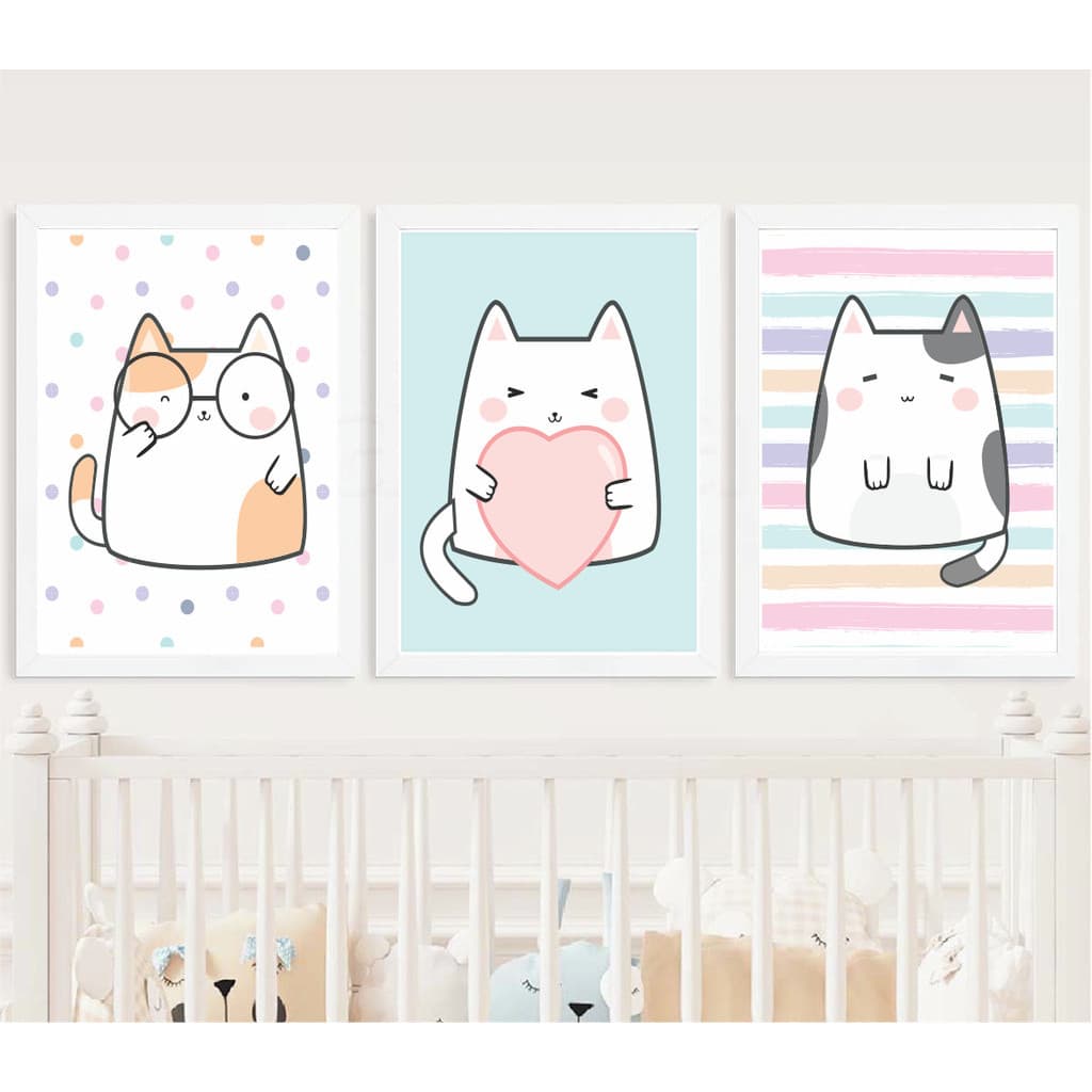 Kit Quadro Menina Decorativo Infantil Gatinho