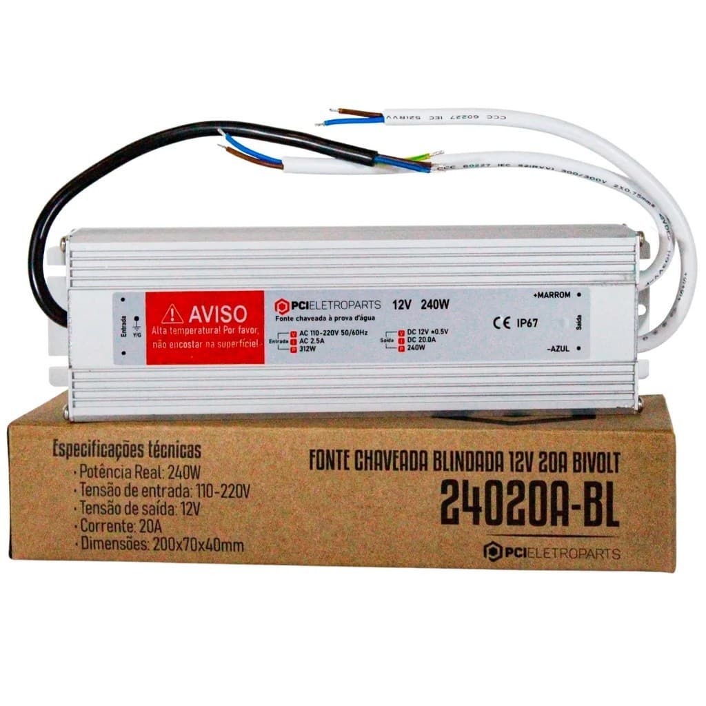 Fonte Chaveada Blindada 12V 20A 240W Bivolt IP67 Prova Dágua
