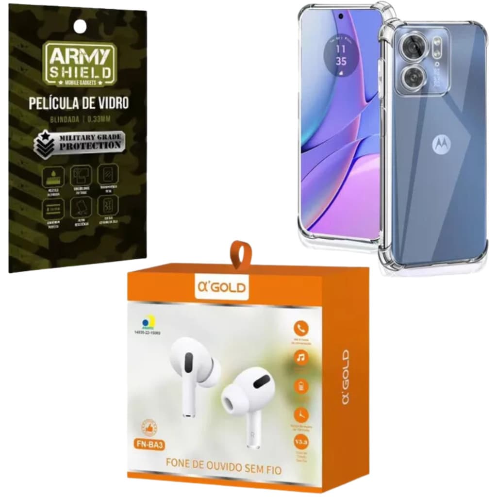 Kit Capinha Motorola Moto G53 + Fone Bluetooth + Pelicula de Vidro 3D Armyshield G53