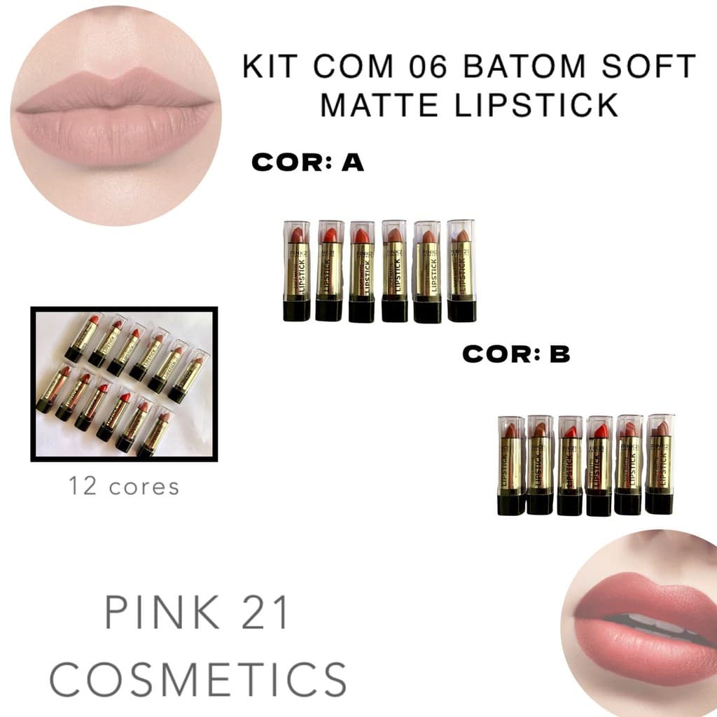Kit com 06 Batom Bala Soft Matte Lipstick Tons Nude e Vermelho com 12 Tonalidades