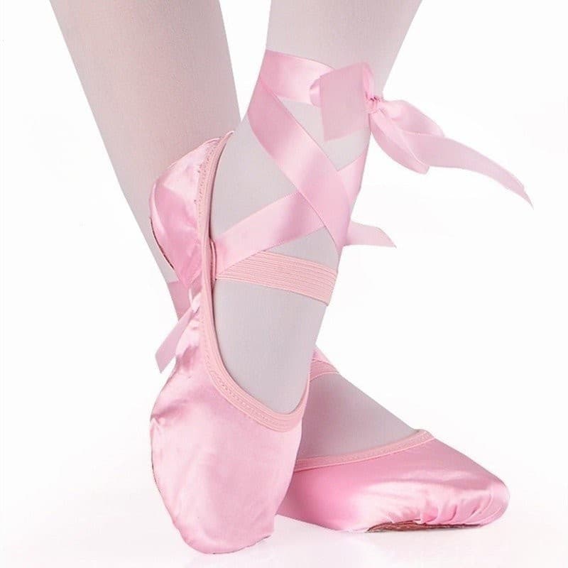 Sapatilhas de Balé Cetim com Bico Redondo e Tiras de Fita para Yoga Indoor, Meninas e Adultos, Sapatos de Dança de Baila