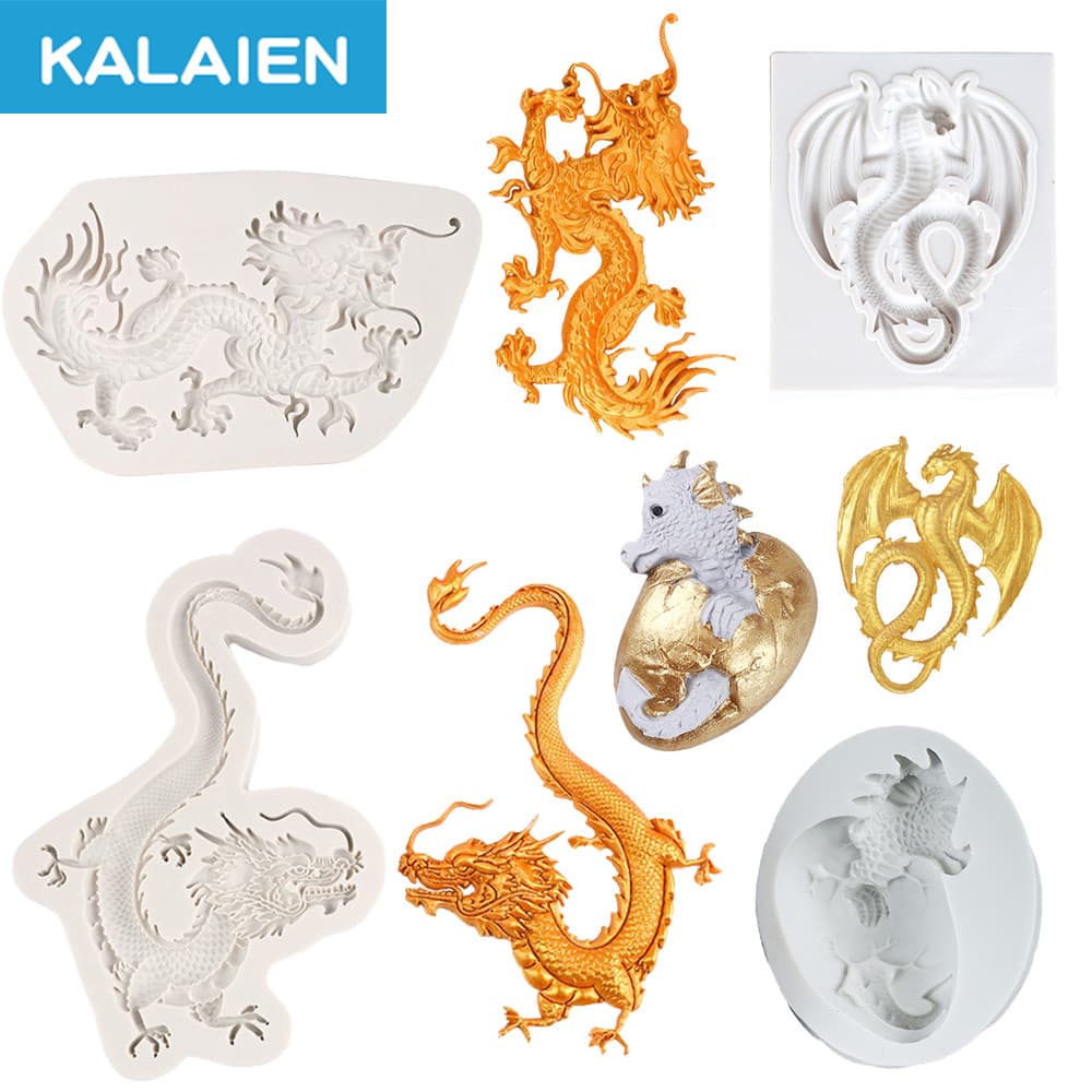 KALAIEN Molde de Silicone para Fondant com 4 Padrões Estilo Chinês e Ocidental em Forma de Dragão, para Decoração de Bol