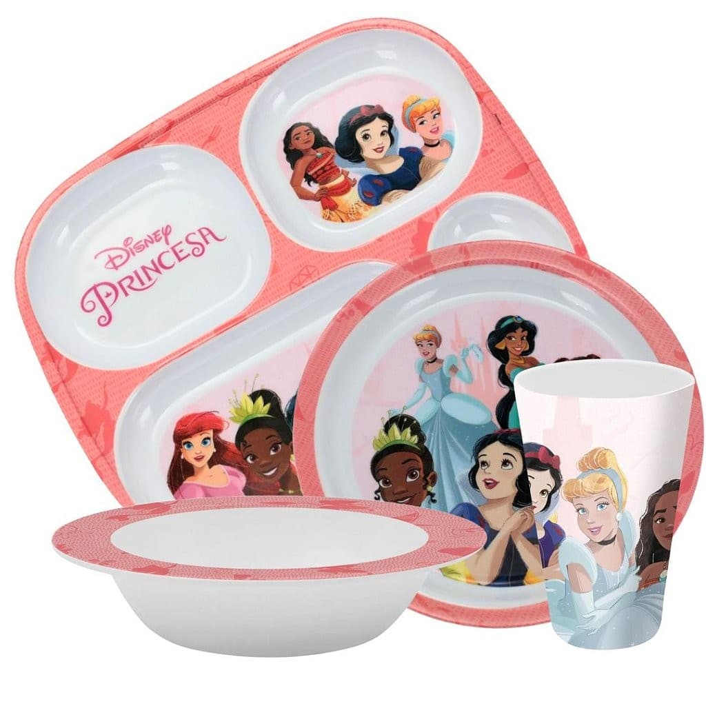 Kit Refeição Infantil Princesas Disney 4 Peças Prato Divisória, Prato Fundo, Tigela e Copo