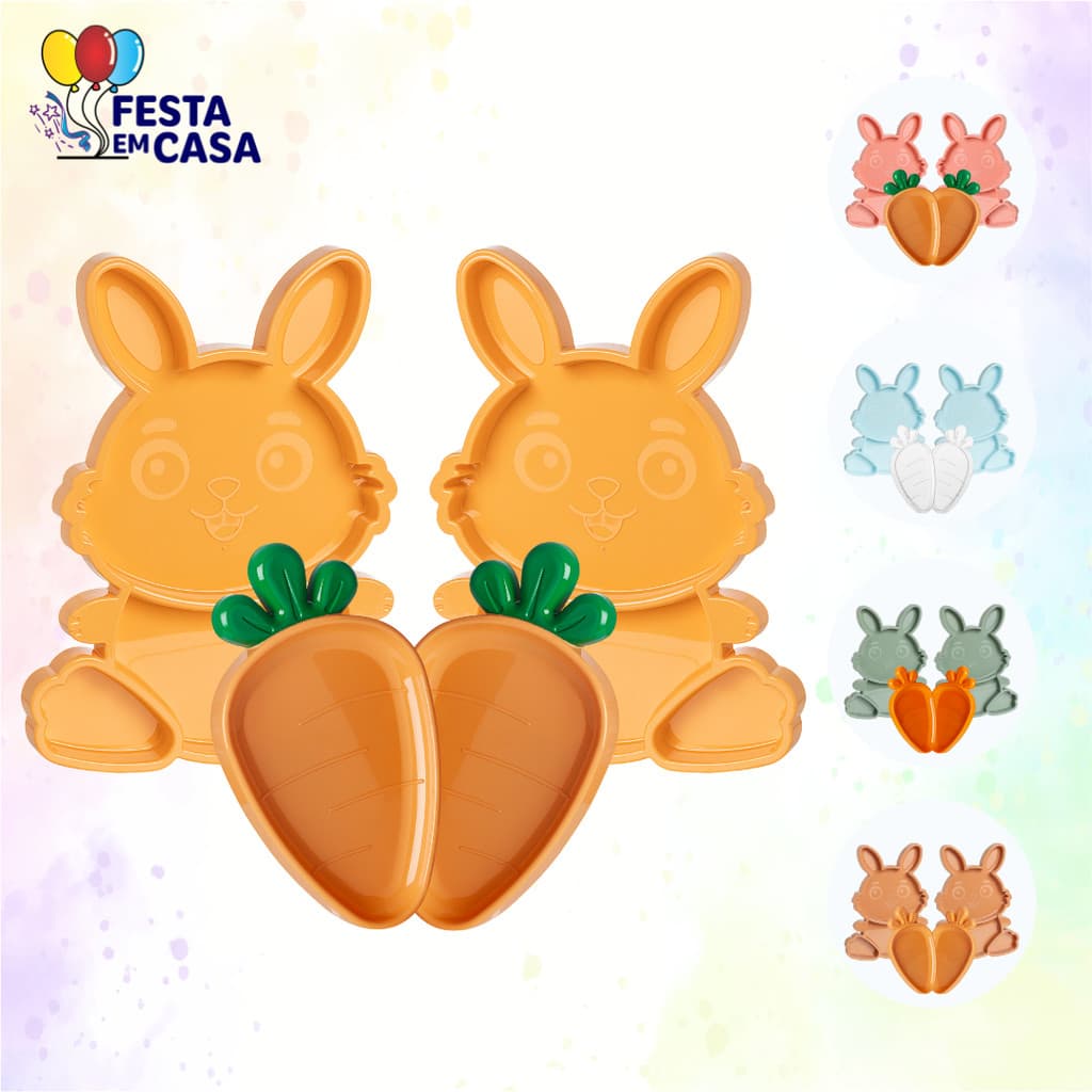 Kit Bandeja Petisqueira Páscoa 2 Coelhinhos e 2 Cenouras - Festplastik