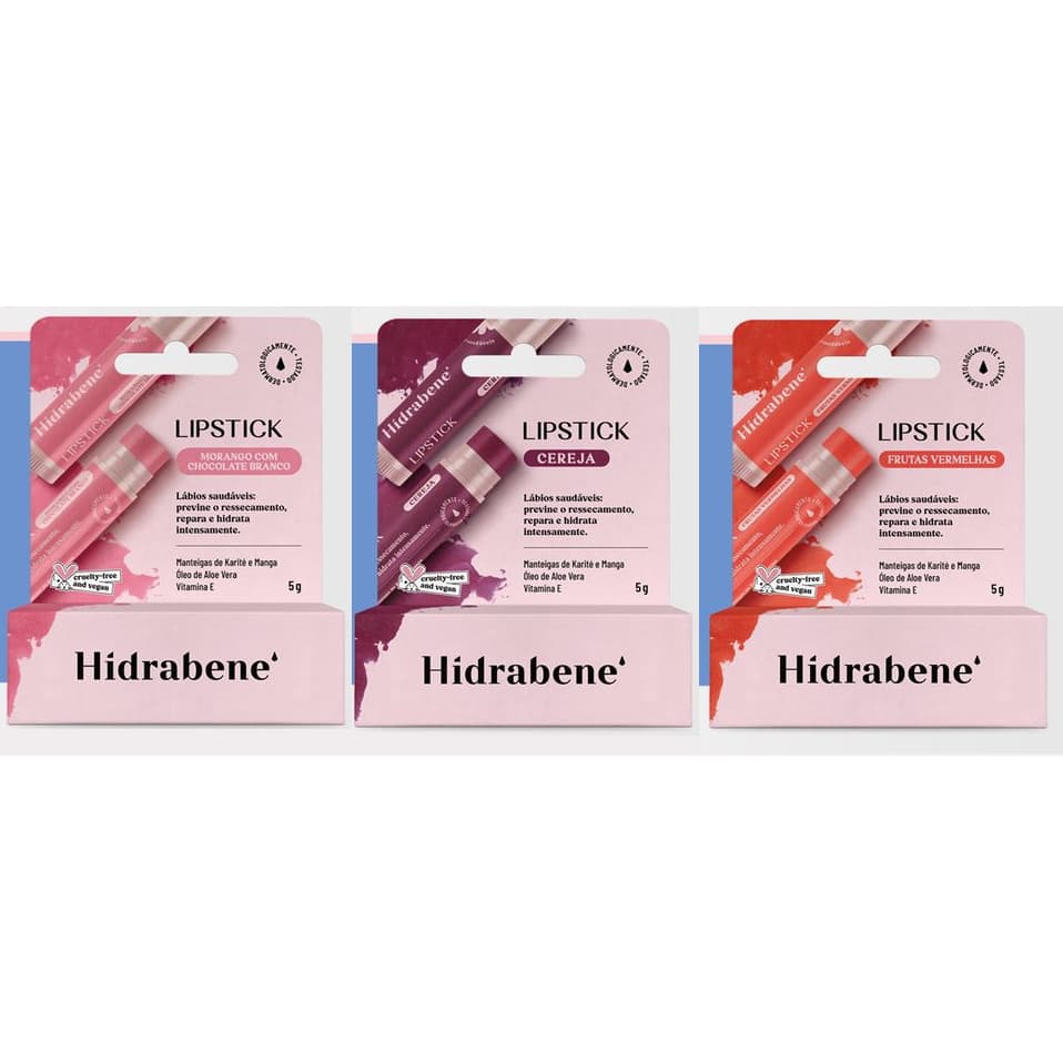Hidrabene Lipstick Morango Chocolate branco -  Frutas Vermelhas ou Cereja - 5g