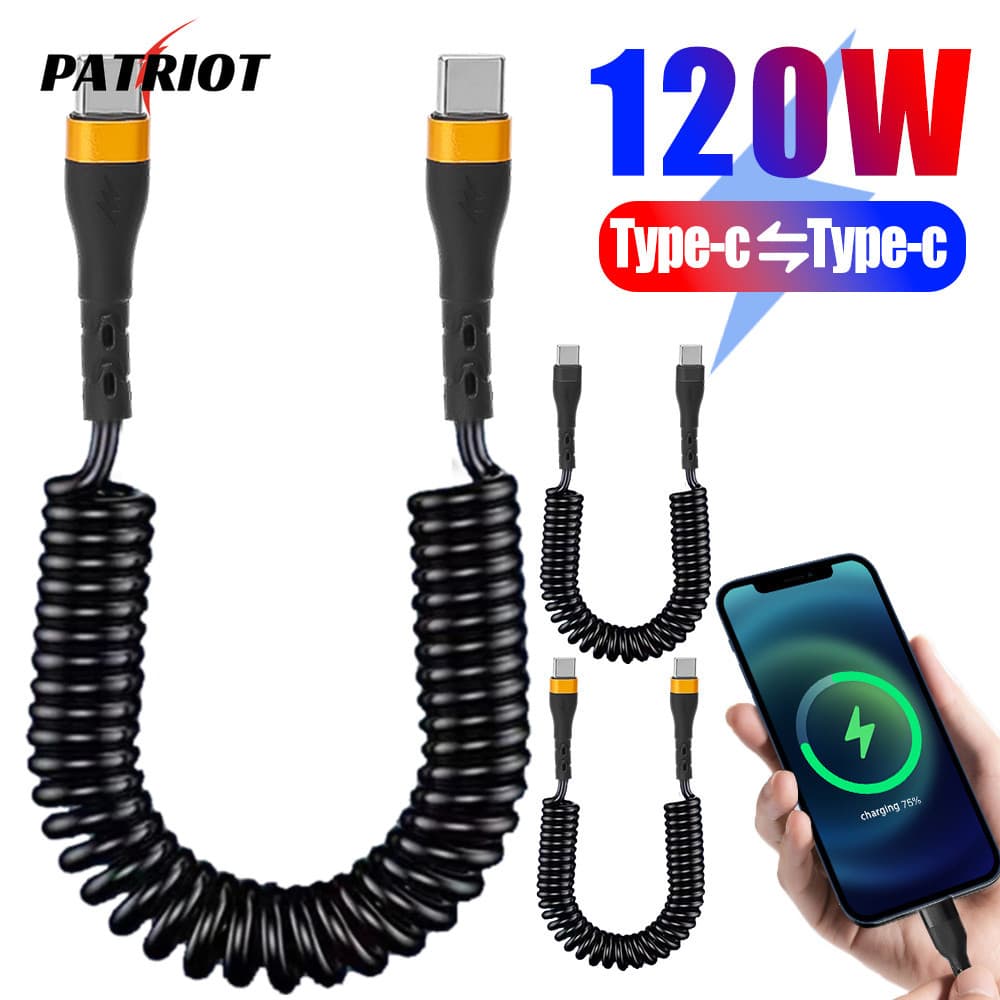 Cabo De Dados Espiral Duplo Tipo C De 120W-Carregamento Rápido USB Para Extensível , Portátil , Resistente Notebook Smartphone Tablet-Linha De Carro