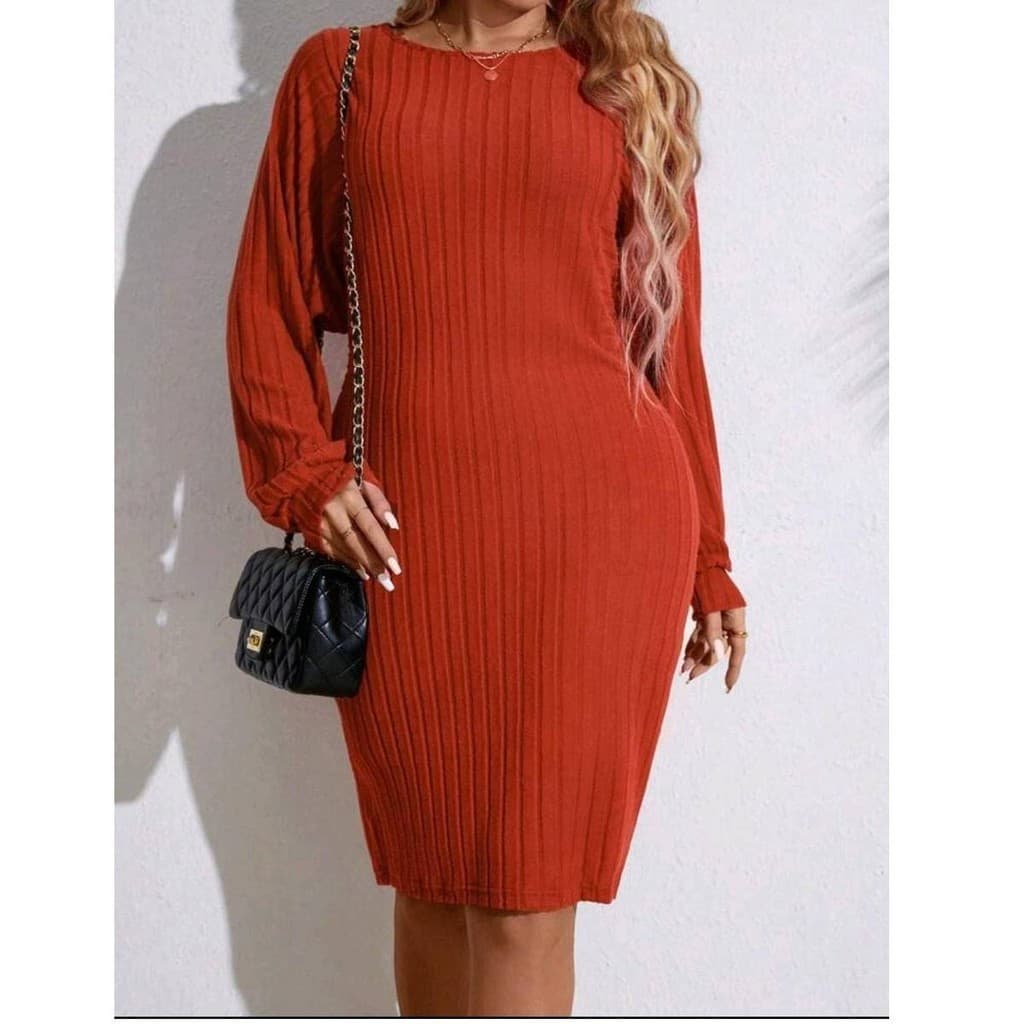 Vestido Longo Casual Manga Comprida Laranja