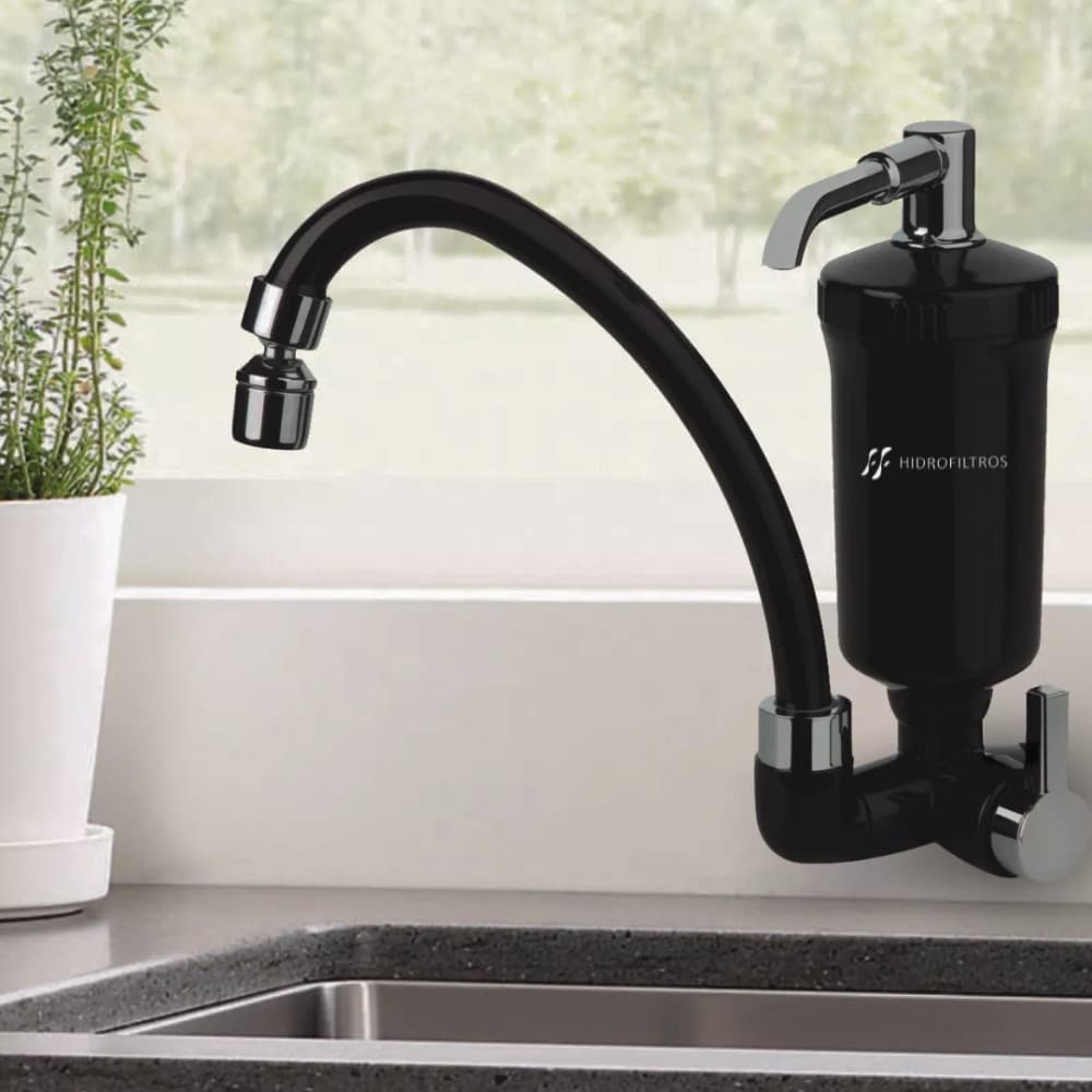 Torneira Filtro Parede Bica POP Preta Cozinha Hidrofiltros Purificador Água Redução Impureza Cloro