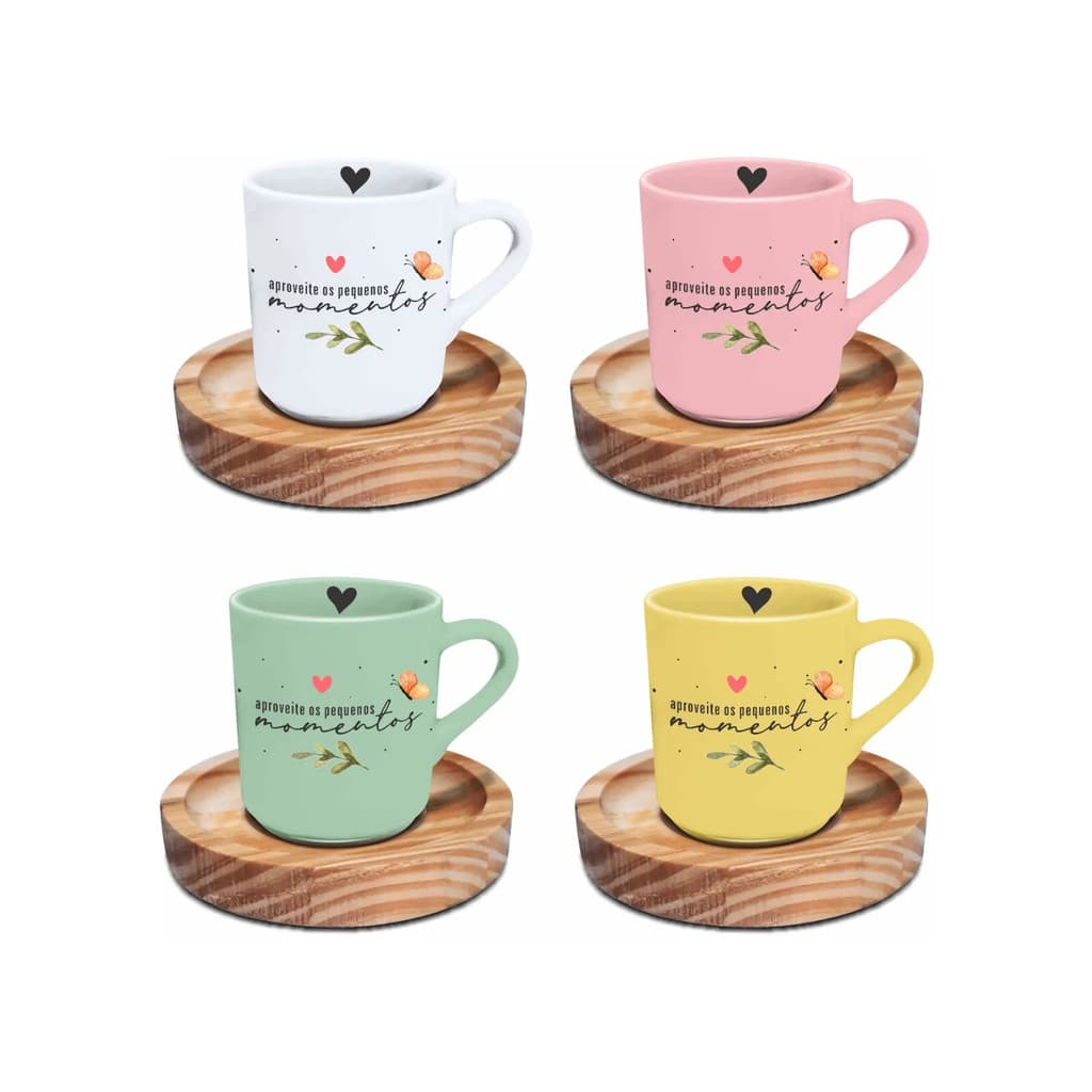 Conjunto 4 Canecas 60 ml Pires Madeira Aproveite Cada Momento Coloridas Pires Madeira Frase Café Chá Presente Decorativo