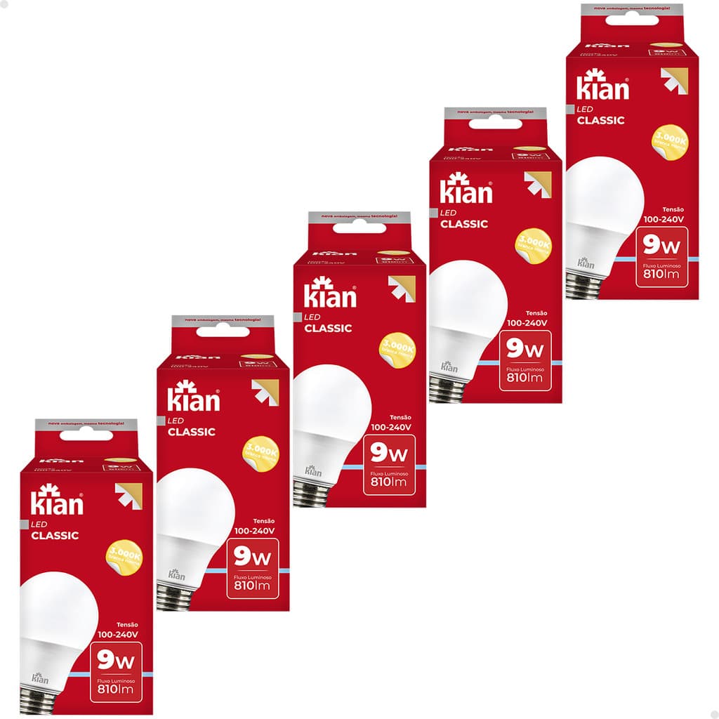 Kit 05 Lâmpada de Led 9w Bulbo 3000k Morna E27 110/220v Kian