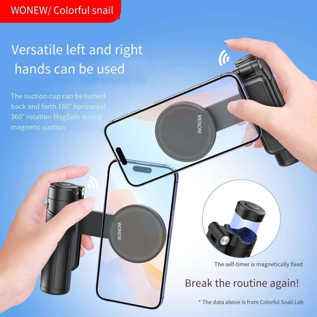 Novo mini bastão de selfie Wonew, três em um, com suporte magnético para auxiliar a câmera do celular.