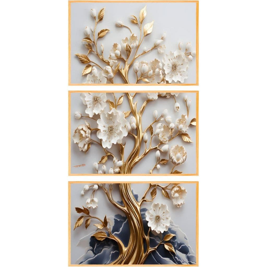 Quadro decorativo árvore cerejeira branca e dourada 3 peças n044