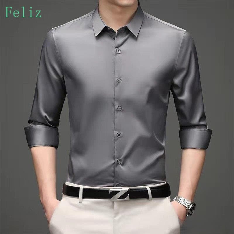 Primavera e Verão 2023 Camisa Formal de Seda de Gelo de Manga Longa Slim Fit Antirrugas Tecido Sólido 56 9
