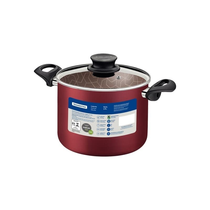 Caldeirão 16 CM 2,1L Paris Vermelho Alumínio Antiaderente Tampa Vidro
