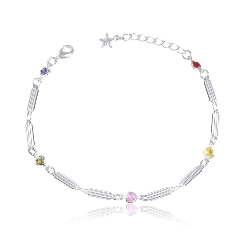 Pulseira Chapinhas Retangulares com Corações de Pedra Colorida (18Cm)