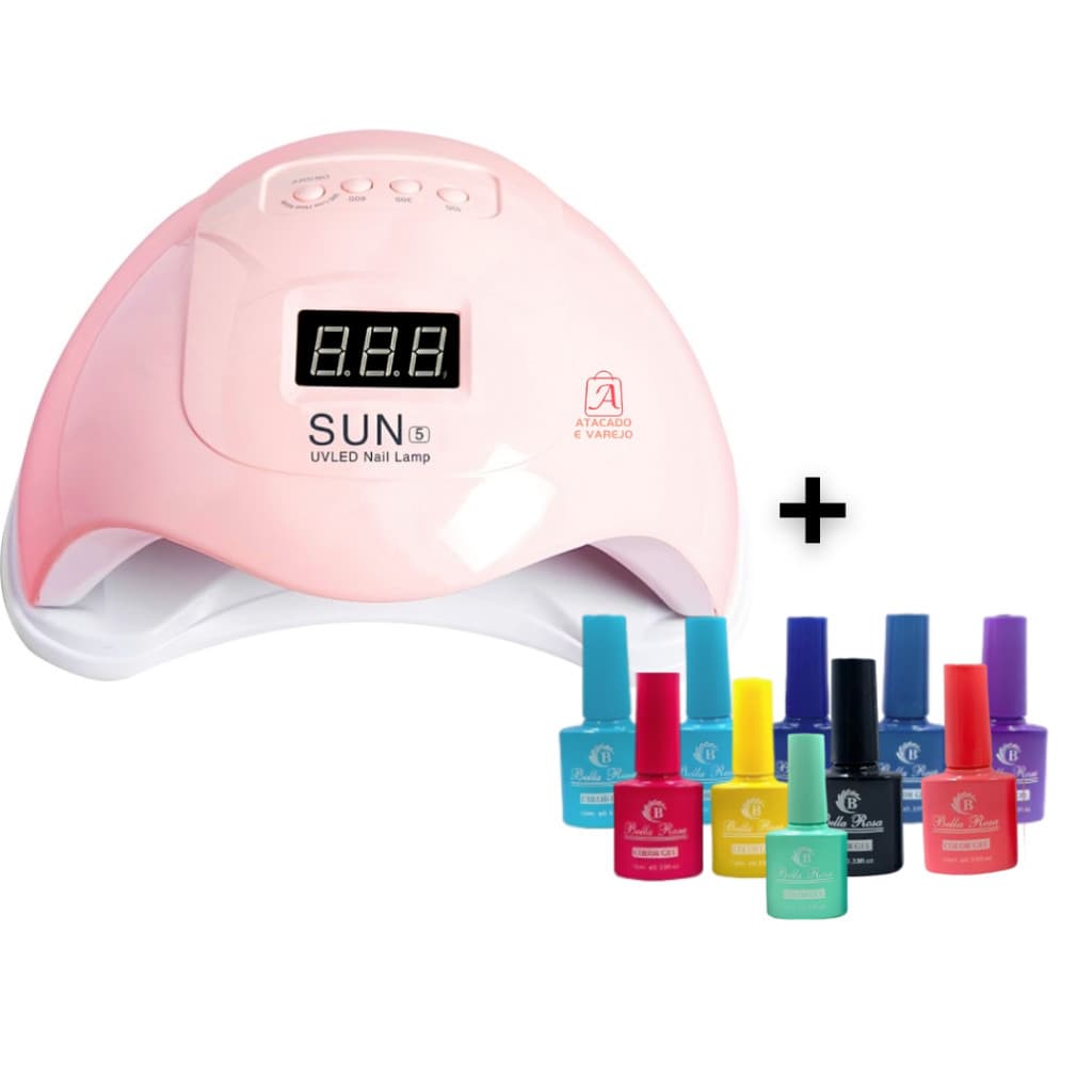 Kit Cabine Sun 5 Led Uv De Unhas Digital 48w Bivolt Unha Gel Acrigel + 10 Esmalte Em Gel Led Uv 10ml Cores Sortidas