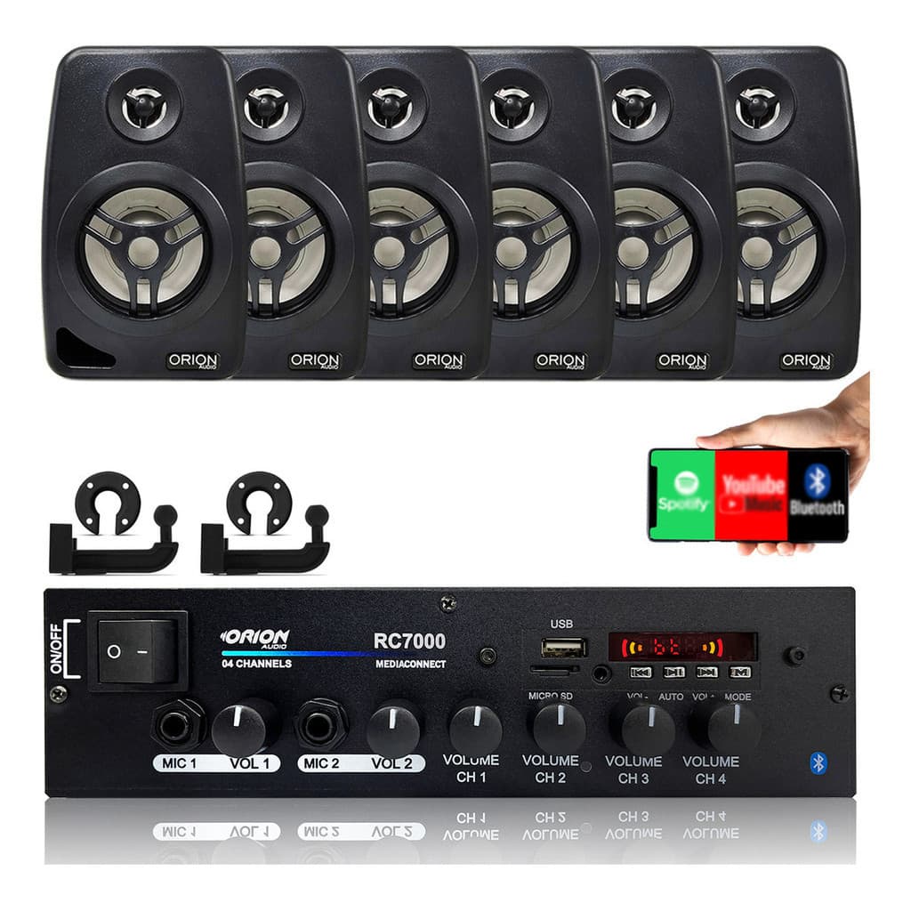 Kit Receiver Amplificador Som Ambiente Rc7000 Orion Bluetooth Usb Aux 4Ch 2Mic + 6 Caixa de Parede com Suportes