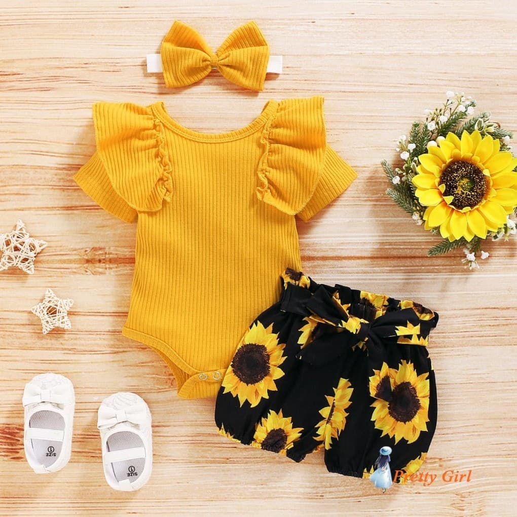 Mellifluous-3PCS Macacão De Manga Curta Para Bebês Meninas Cor Sólida Com Babados + Shorts Estampa De Girassol + Faixa D