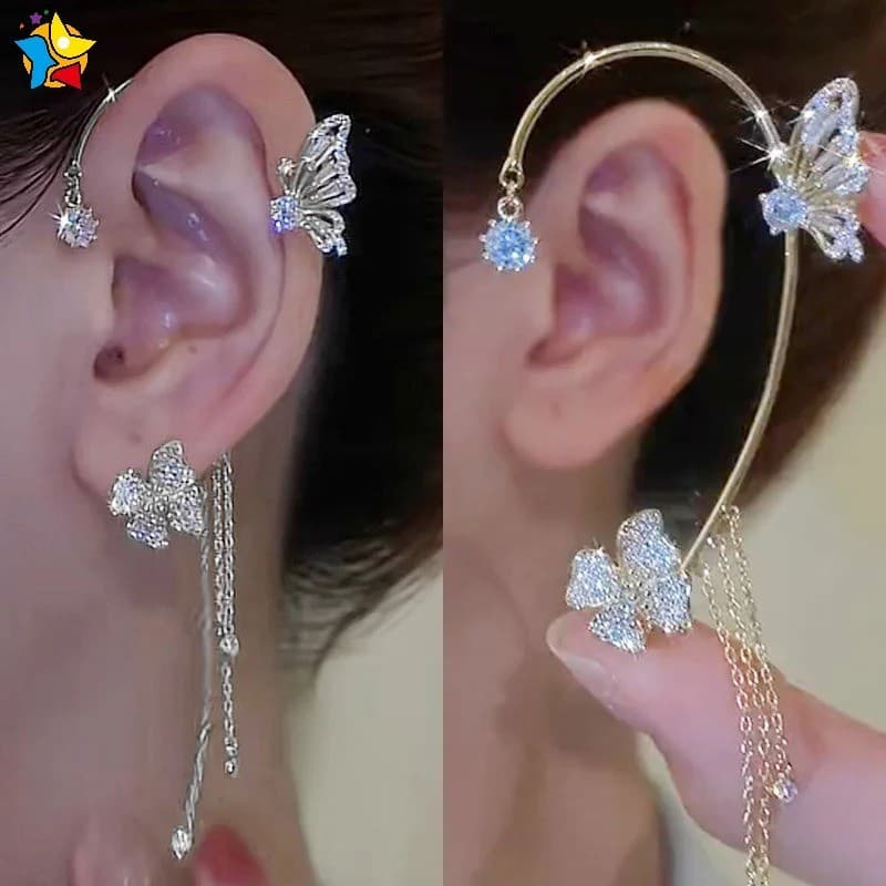 Orelha De Elfo Estilo Coreano Ouro Prata Cor De Cristal Borboleta Clip De Para Meninas Brilhante Rhinestone Brincos Doce Sem Piercing Jóias De Casamento