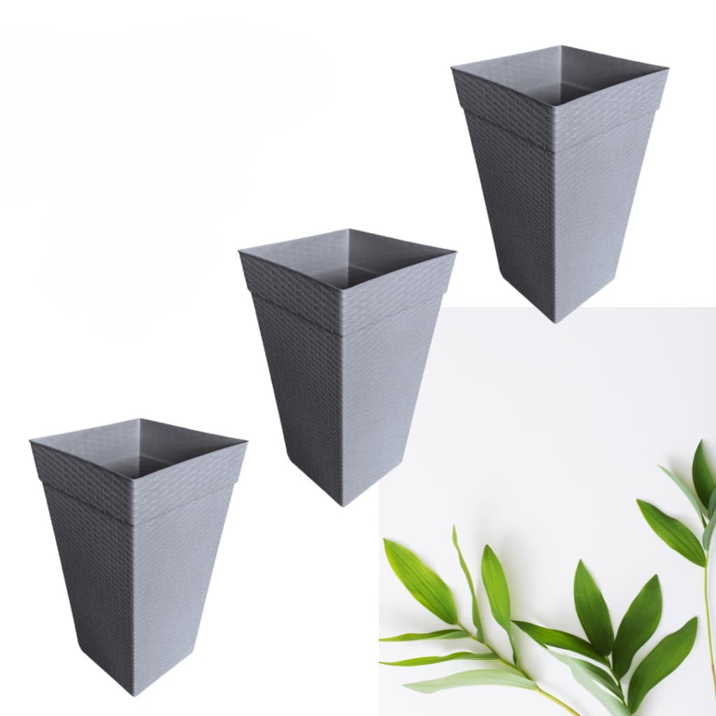 Kit 3 Vaso Quadrado Rattan Para Flores e Plantas - 10 Litros Cinza