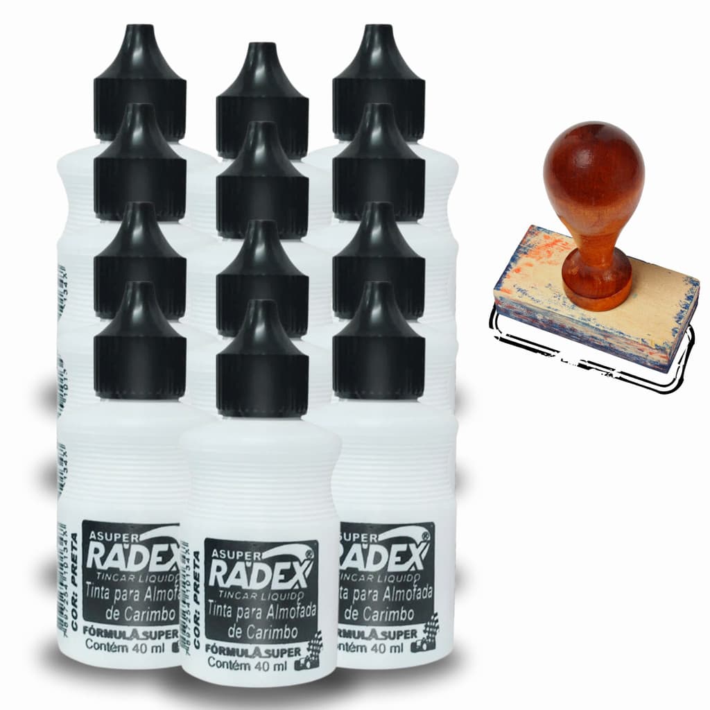 12 Un Tinta Preta Para Almofada De Carimbo Radex 40ml Refil Carimbeira