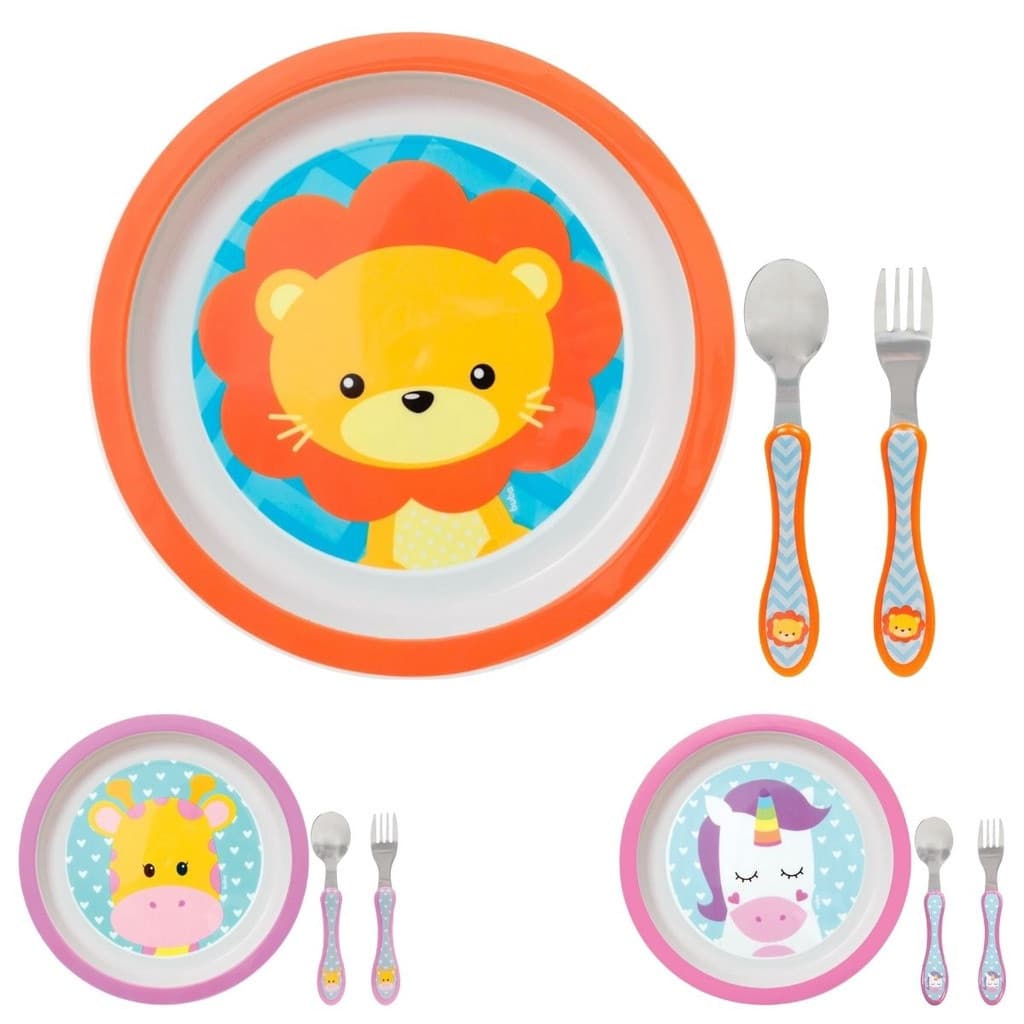 Kit Refeição Infantil Prato Raso + Talheres Inox Buba Animal Fun Girafa Unicórnio Leão