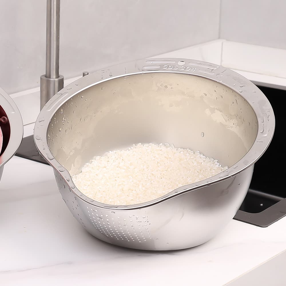 Escorredor De Frutas E Vegetais-Tigela De Enxágue De Arroz-Aço Inoxidável-Coador De Peneira Design De Fundo Inclinado-Ar