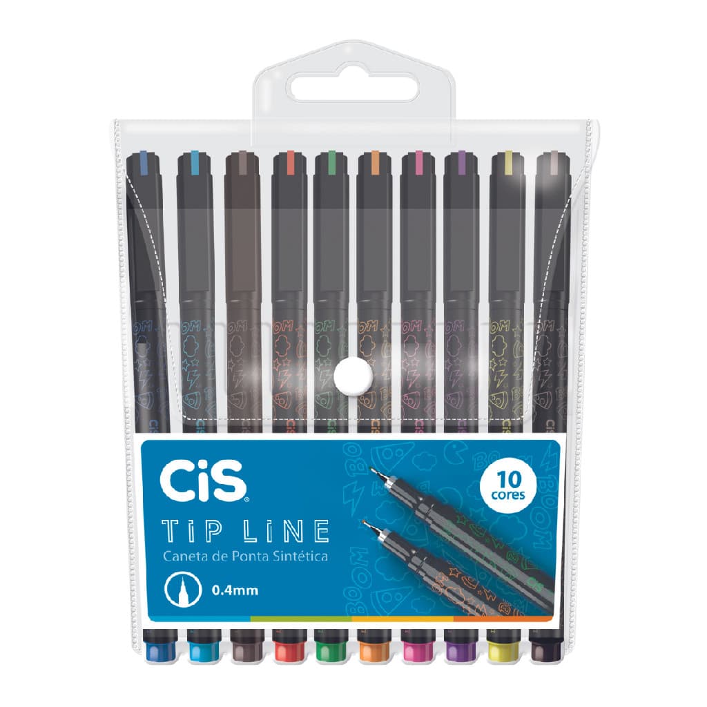 Estojo 10 Canetas CIS Tip Line 0,4mm 10 Cores Ponta Fina