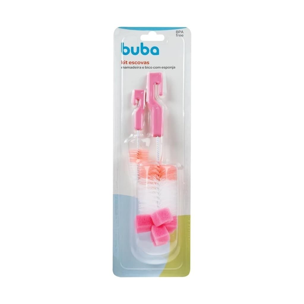 Buba Kit Escovas para Mamadeiras e Bico Com Esponja - Rosa