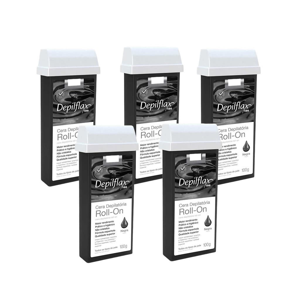 Kit c/5 Ceras Depilatória Negra Refil Roll On Depilflax 100g