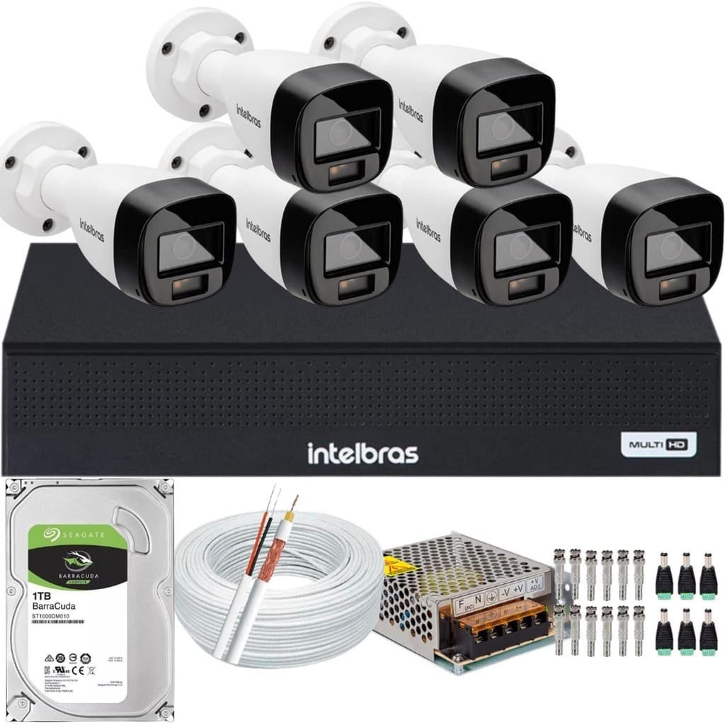 Kit Intelbras 6 Cameras Segurança VHD 3220b+ Microfone Audio Full Color 1080p Dvr 3008c 1TB