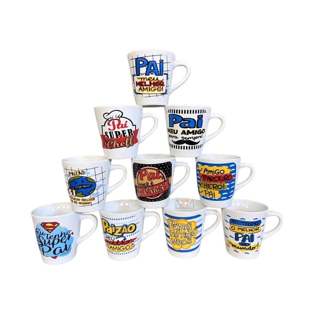 CONJUNTO C/ 10 XÍCARAS PORCELANA BRANCA DECORADA DIA DOS PAIS 120 ML
