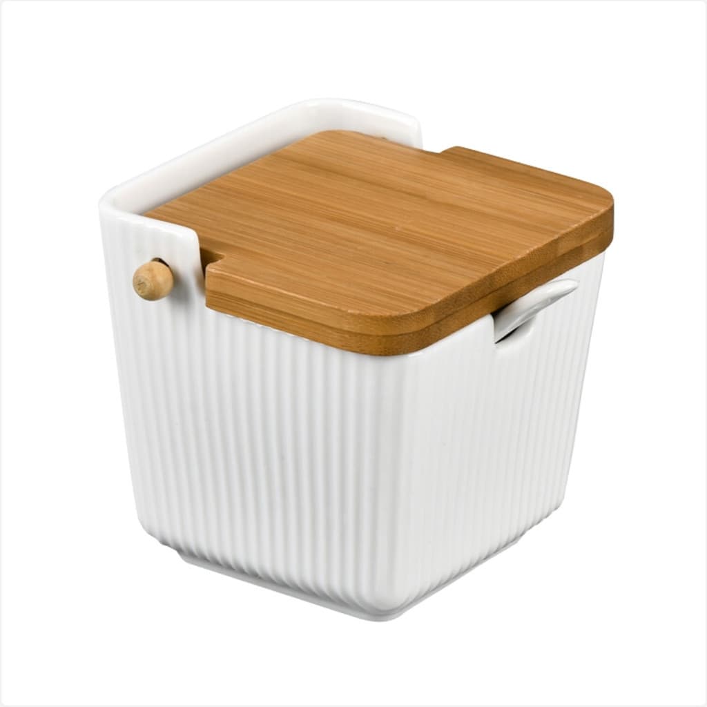 Saleiro Oásis 300 Ml De Cerâmica Com Colher De Bambu Para Mesa Posta E Cozinha Moderna