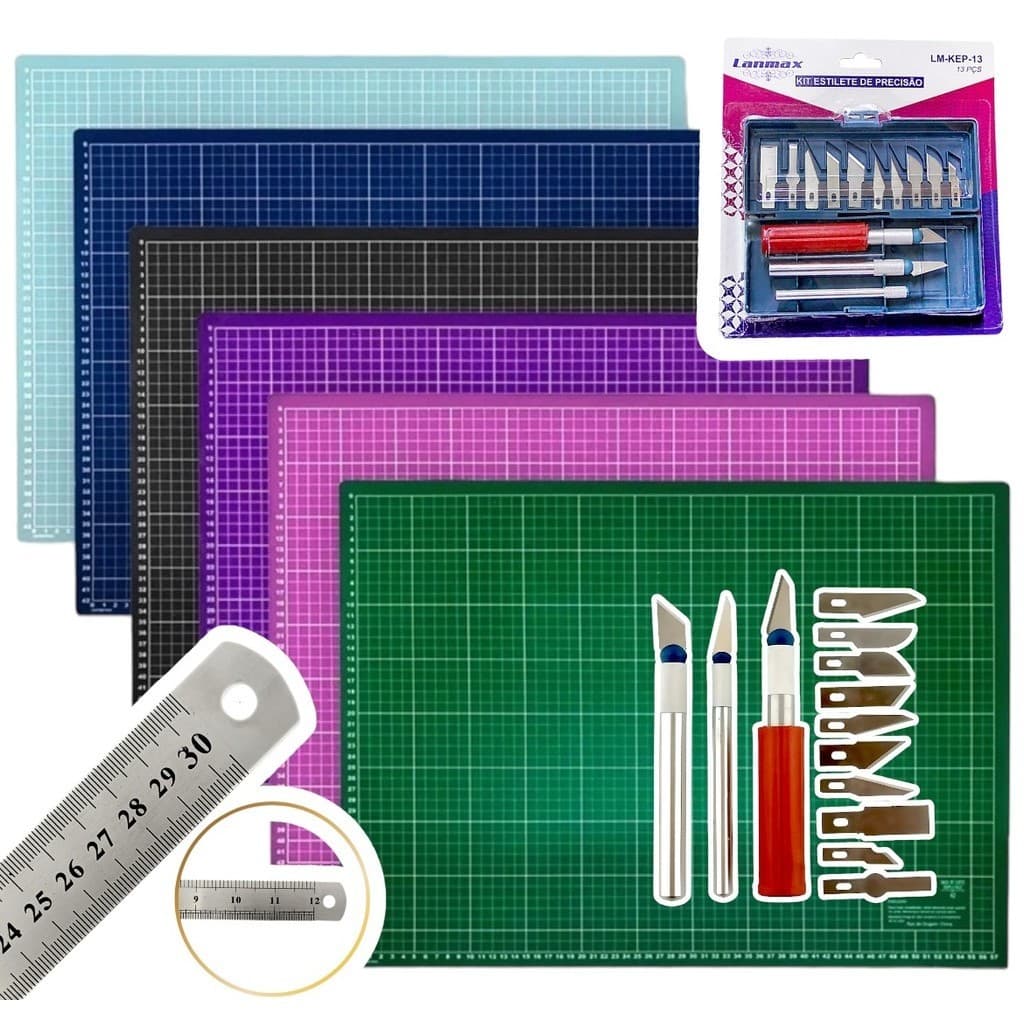 Kit Base Corte 45x30 Lanmax + Estilete Bisturi Com 13 Lâminas + Régua 30 Cm Dona Shô