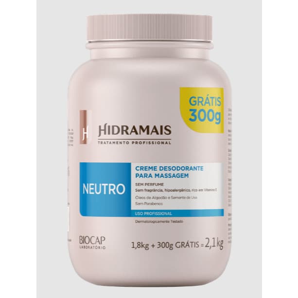 Hidramais Creme Para Massagem Neutro 2,1Kg Hidratante, Sem Perfume, Sem Parabeno