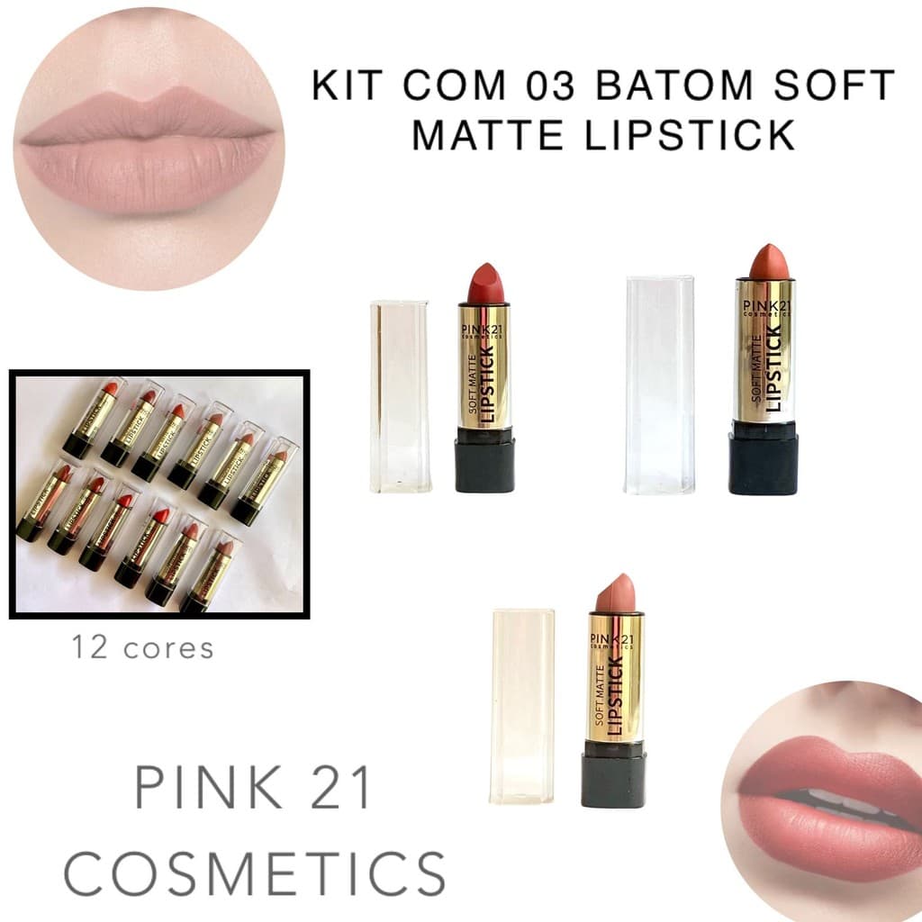 Kit com 03 Batom Bala Soft Matte Lipstick Tons Nude e Vermelho com 12 Tonalidades
