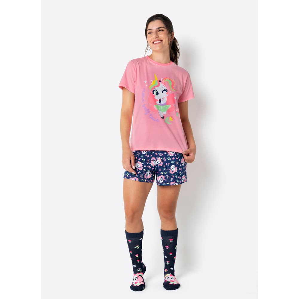 Pijama Manga Curta Feminino Unicórnio Encantado - Puket