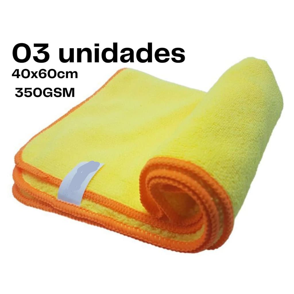 03 microfibras 40x60cm 350gsm amarela costura laranja - limpeza multiuso remoção de cera polimento automotiva