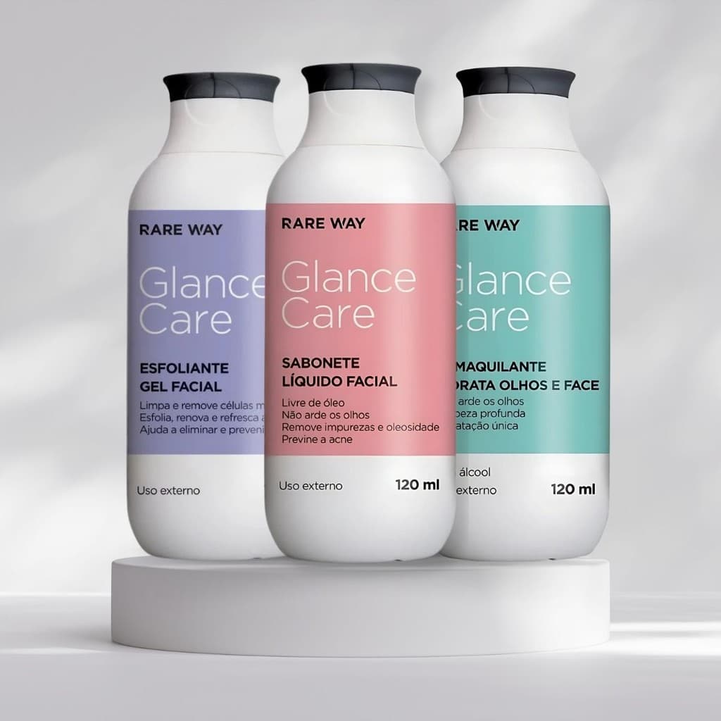 Kit Sabonete Facial + Esfoliante + Demaquilante Glance Rare Way - Kit SkinCare, Cuidado Facial, kit skincare presente