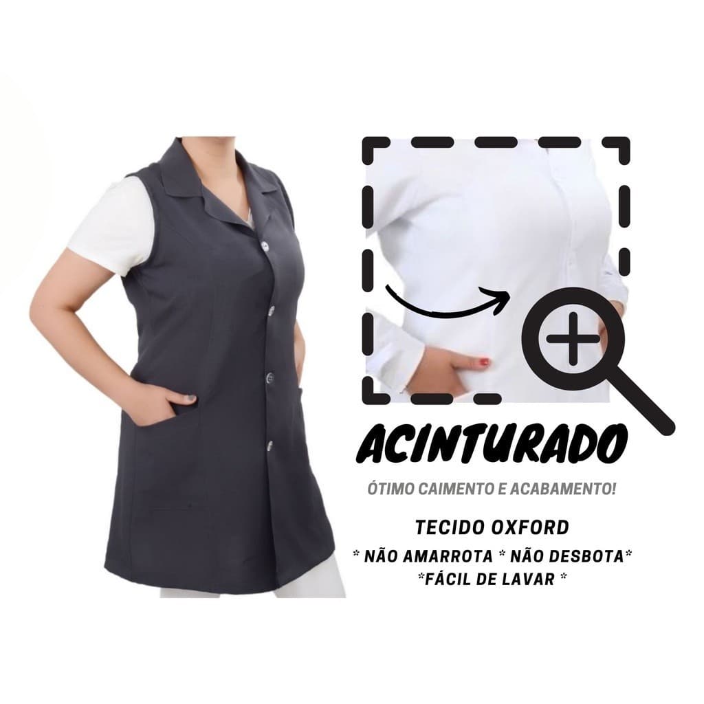 JALECO FS Acinturado Feminino Sem Manga oxford Preto Rosa Branco professora manicure