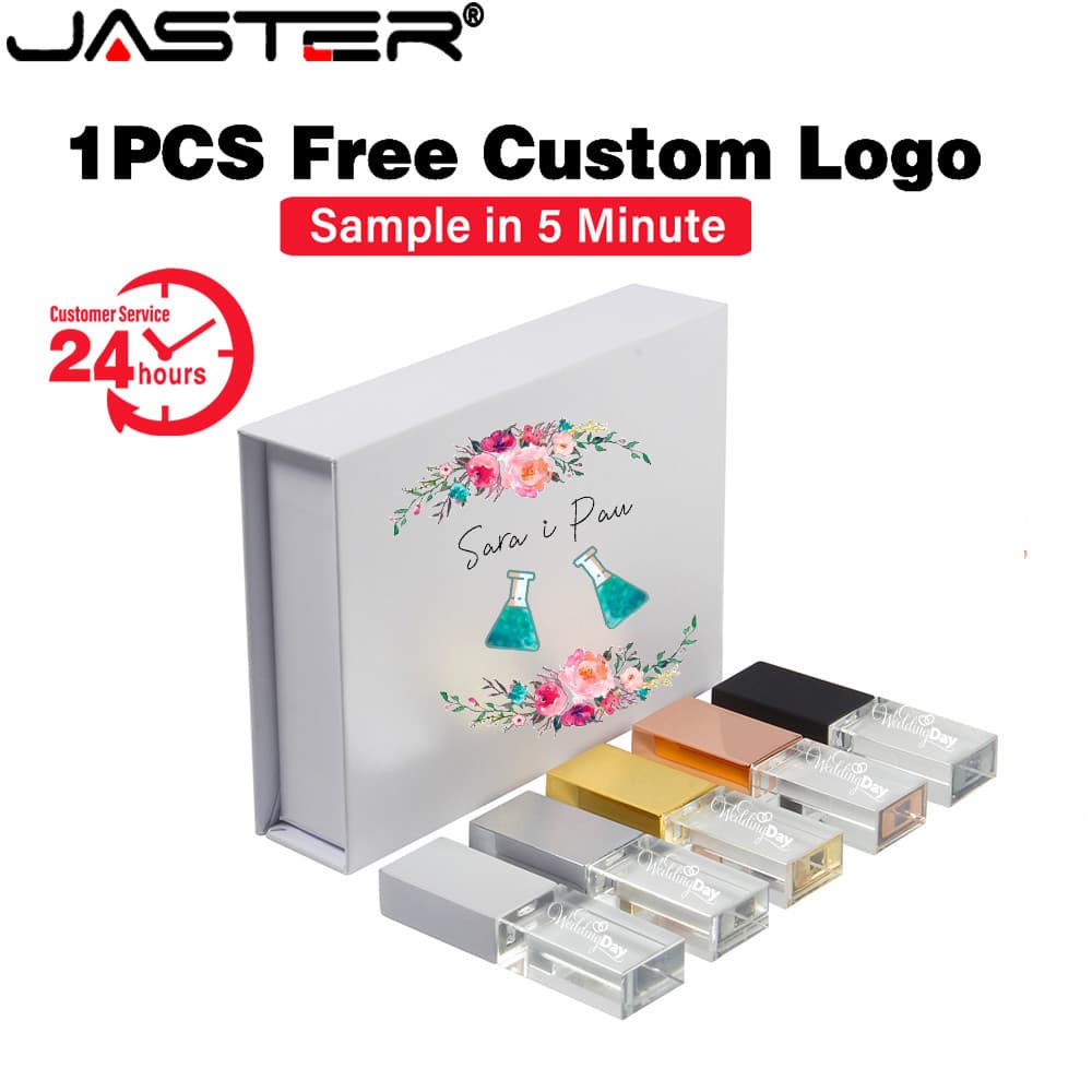 JASTER 3D Laser Recording USB 2.0 Flash Drives 128GB Caixa De Papel Branco Com Designs Memory Stick 64GB Metal Crystal 3