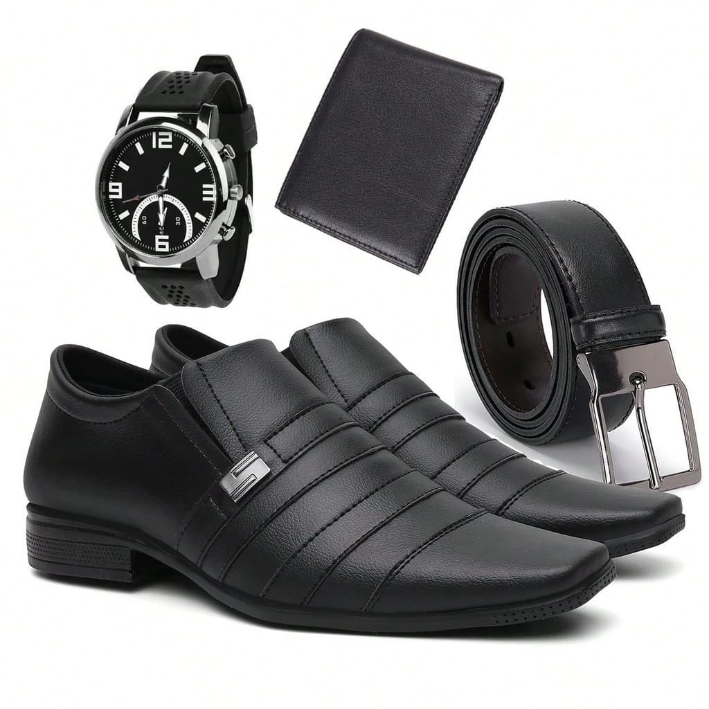 Combo Sapato Social Masculino Formal Couro Macio Elegante Sapato Casual Anatômico Leve Com Relógio, Cinto e Carteira