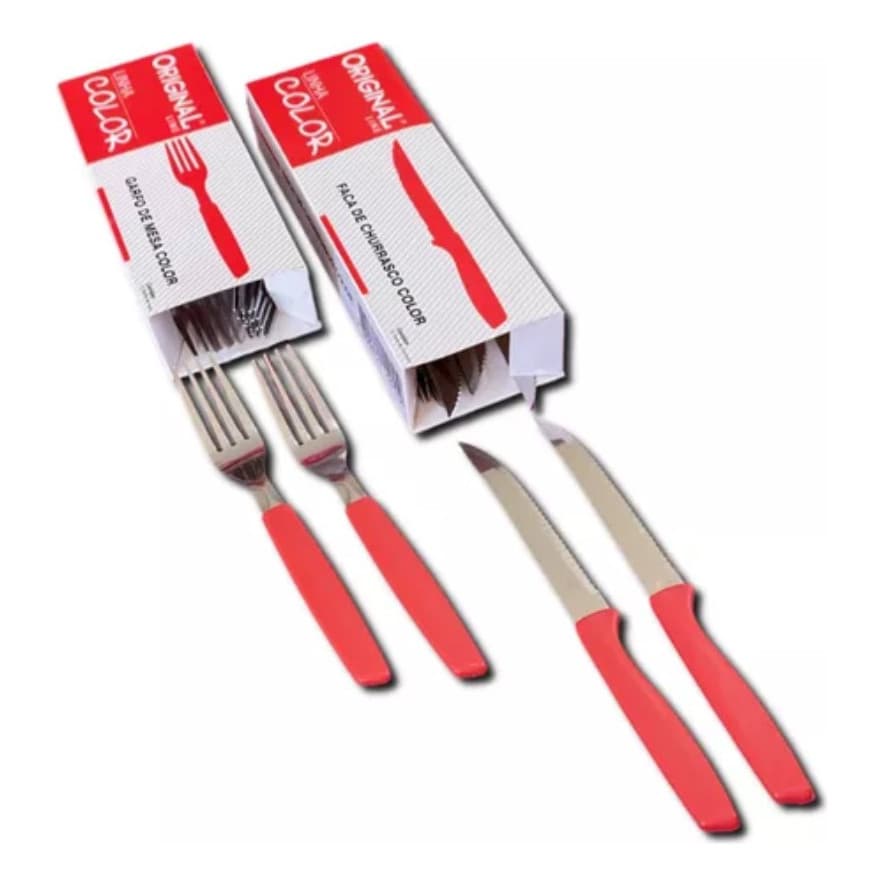 Jogo Garfo Faca Inox Faqueiro 12 Peças Talheres Vermelho