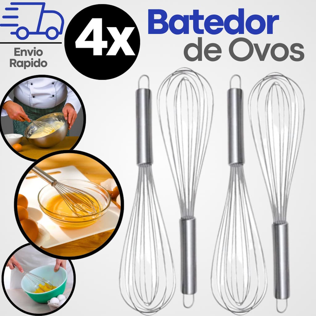 Batedor De Ovos e Massas Em Aço Inox Fuet Fue Profissional Mixer Manual 27cm Kit 3 Unidades