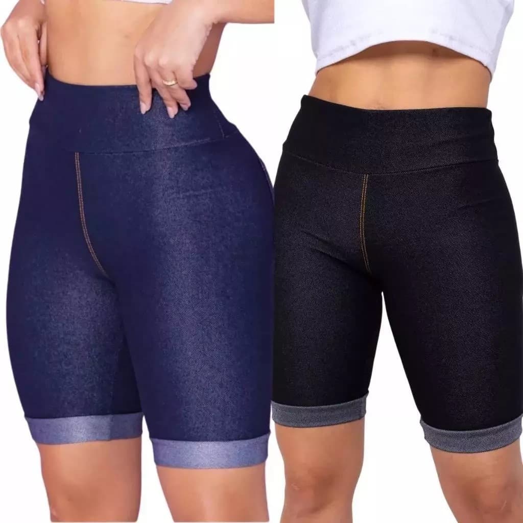 Kit 2 Shorts Jeans Fake Feminino Cintura Alta Bermuda